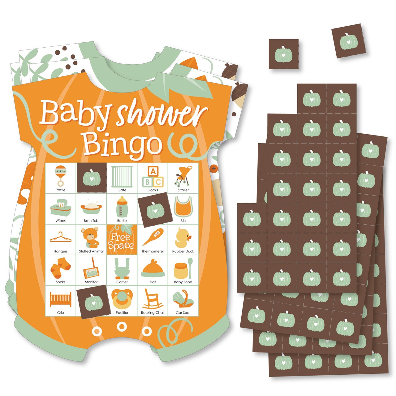 Big Dot of Happiness Little Pumpkin - Picture Bingo Cards and Markers - Fall Baby Shower Shaped Bingo Game - Set of 18